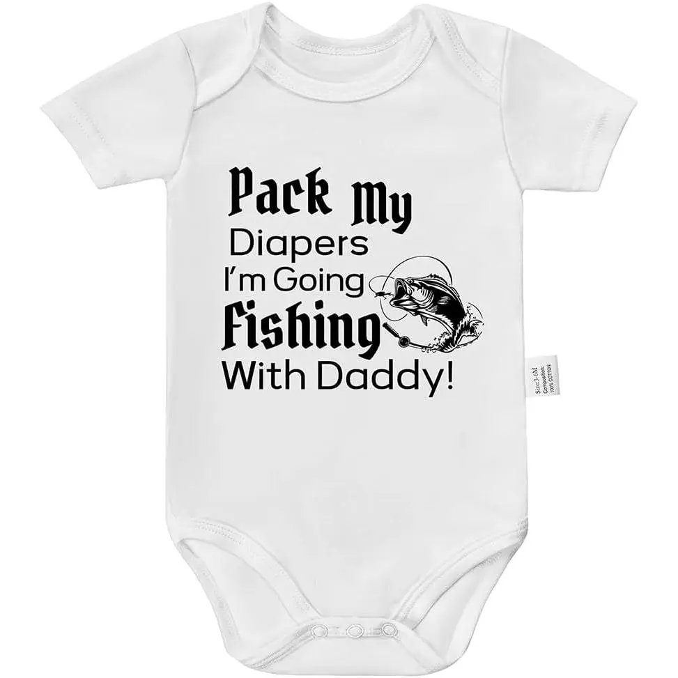 Unisex Newborn Onesies - Short-Sleeve Infant Bodysuit, Graphic Fun Themed Bodysuits with "Pack My Diapers Going Fishing With Daddy" Print, First Fathers Day Gift