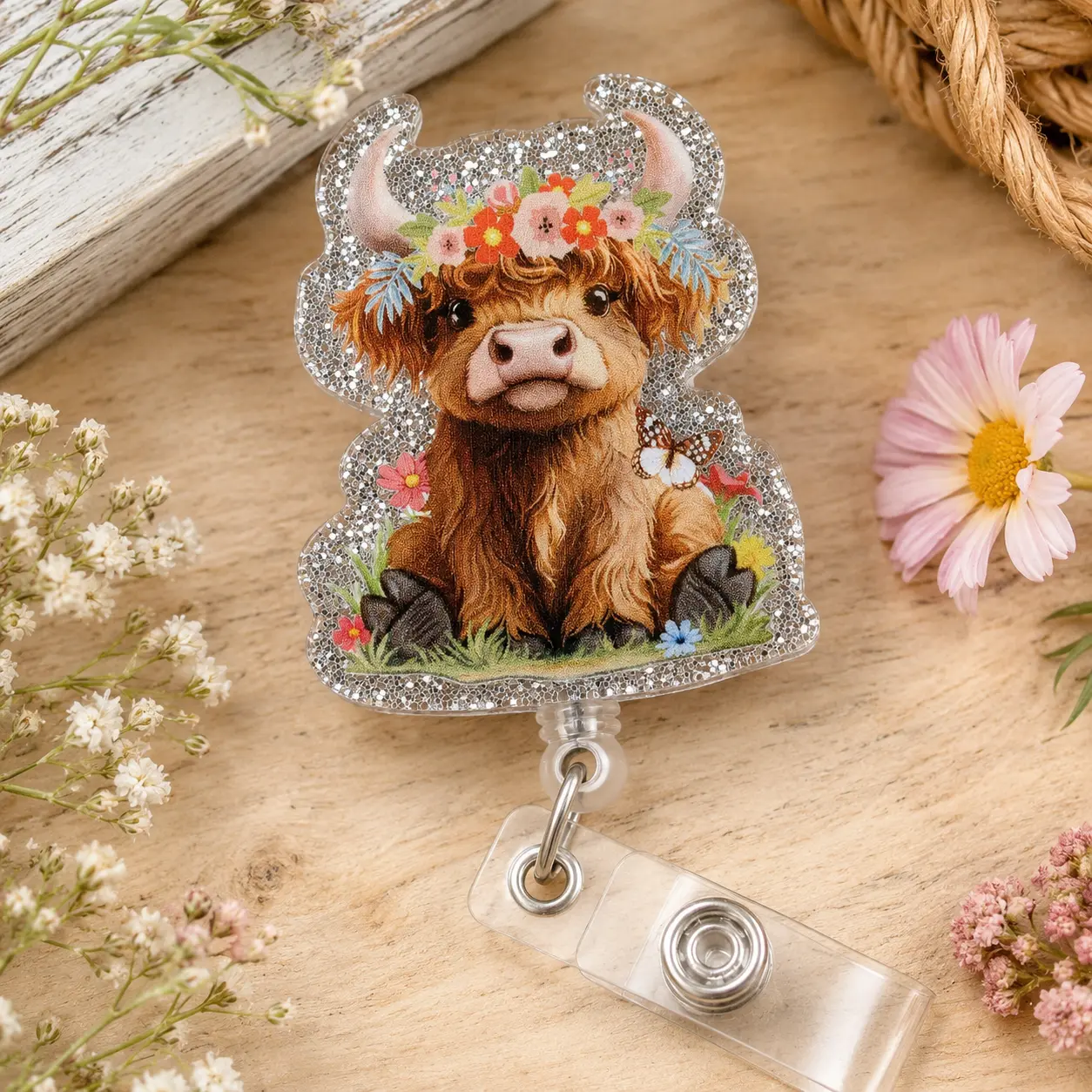 Highland Cow Badge Reel, Floral Crown Western Glitter Acrylic Badge Holder with Retractable Clip for Nurses and Teachers