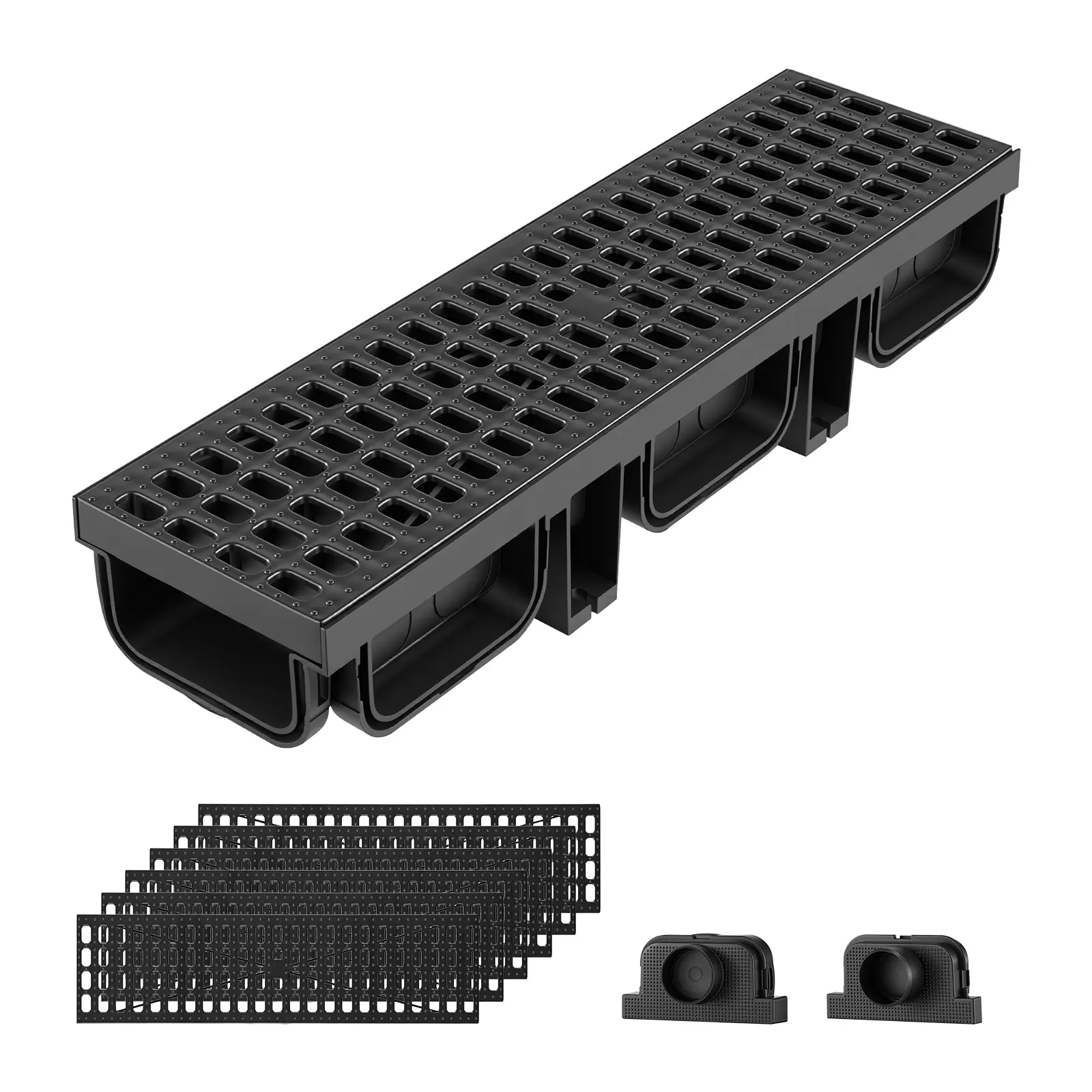 【summerfinds】VEVOR Trench Drain, 20.1 x 5.5 x 3.5 in, 6 Pack Linear Drainage Channel, HDPE Channel Drain with Grates & End Caps, Premium Outdoor Drainage System for Driveway, Patio, Pool, Garden, Yard, Black