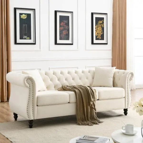 80" Chesterfield Couches for Living Room,3 Seat Buttons Tufted Sofa,Modern Velvet Upholstered Sofa Couch with Rolled Arms and Nailhead for Office, Apartment(Beige)