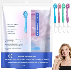 5 in 1 Disposable Mini Toothbrushes Travel Size with Toothpaste, Floss, Pick & Tongue Scraper, Individually Wrapped, Portable Oral Care Set, 26 Packs, Mix 4 Flavors