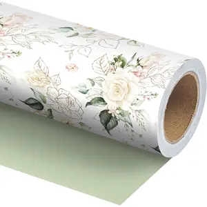 Floral Wedding Wrapping Paper Roll - 17.5 Inches * 26 Ft - Reversible  Wrap with Green Solid ,  for Wedding Bridal Shower Birthday Valentine's Day
