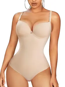 Women's Plain Bow Decor Cami Shapewear Bodysuit, Adjustable Strap Tummy Control Thong Shaper, Ladies Body Shapewear
