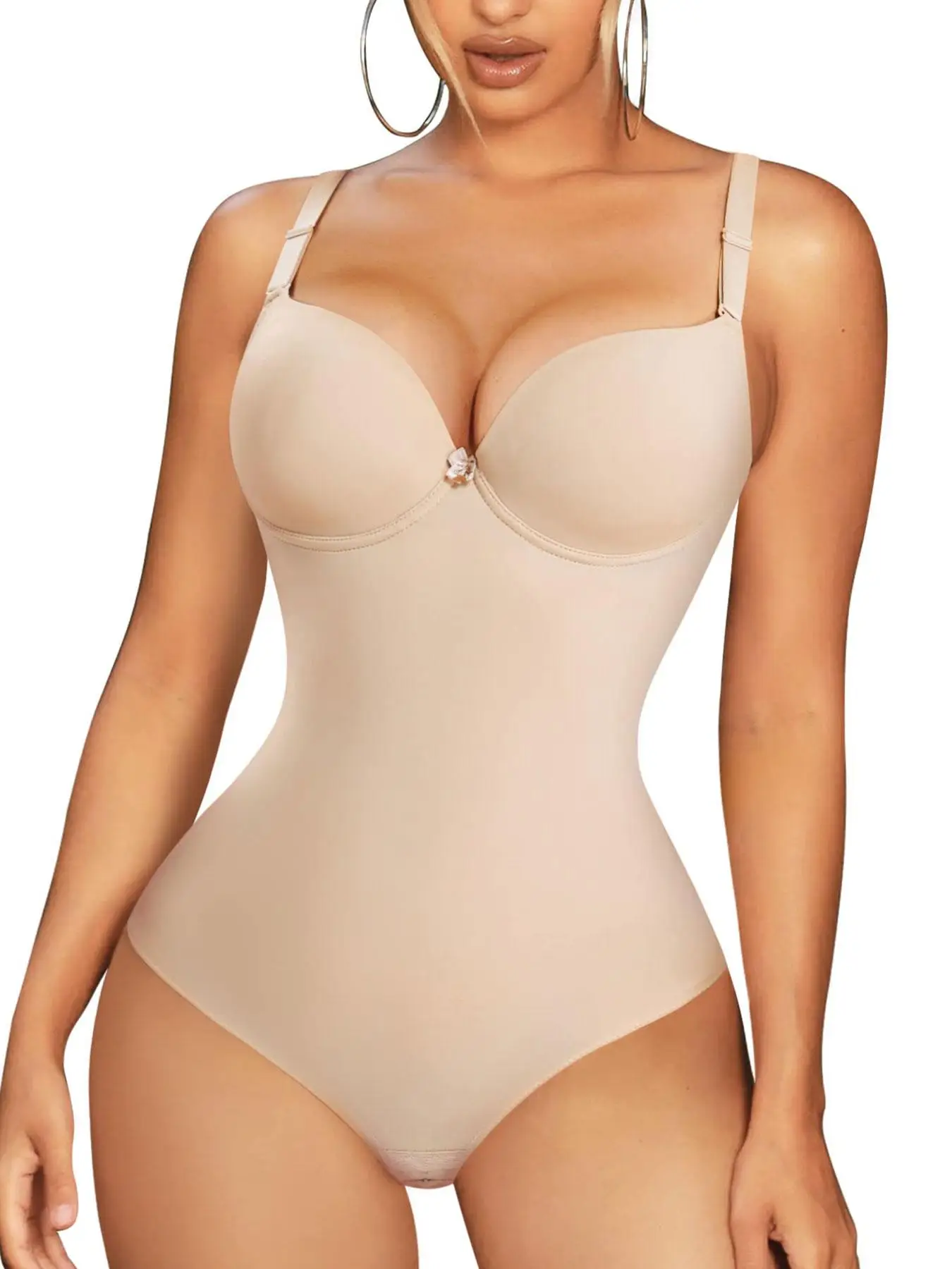 Women's Plain Bow Decor Cami Shapewear Bodysuit, Adjustable Strap Tummy Control Thong Shaper, Ladies Body Shapewear