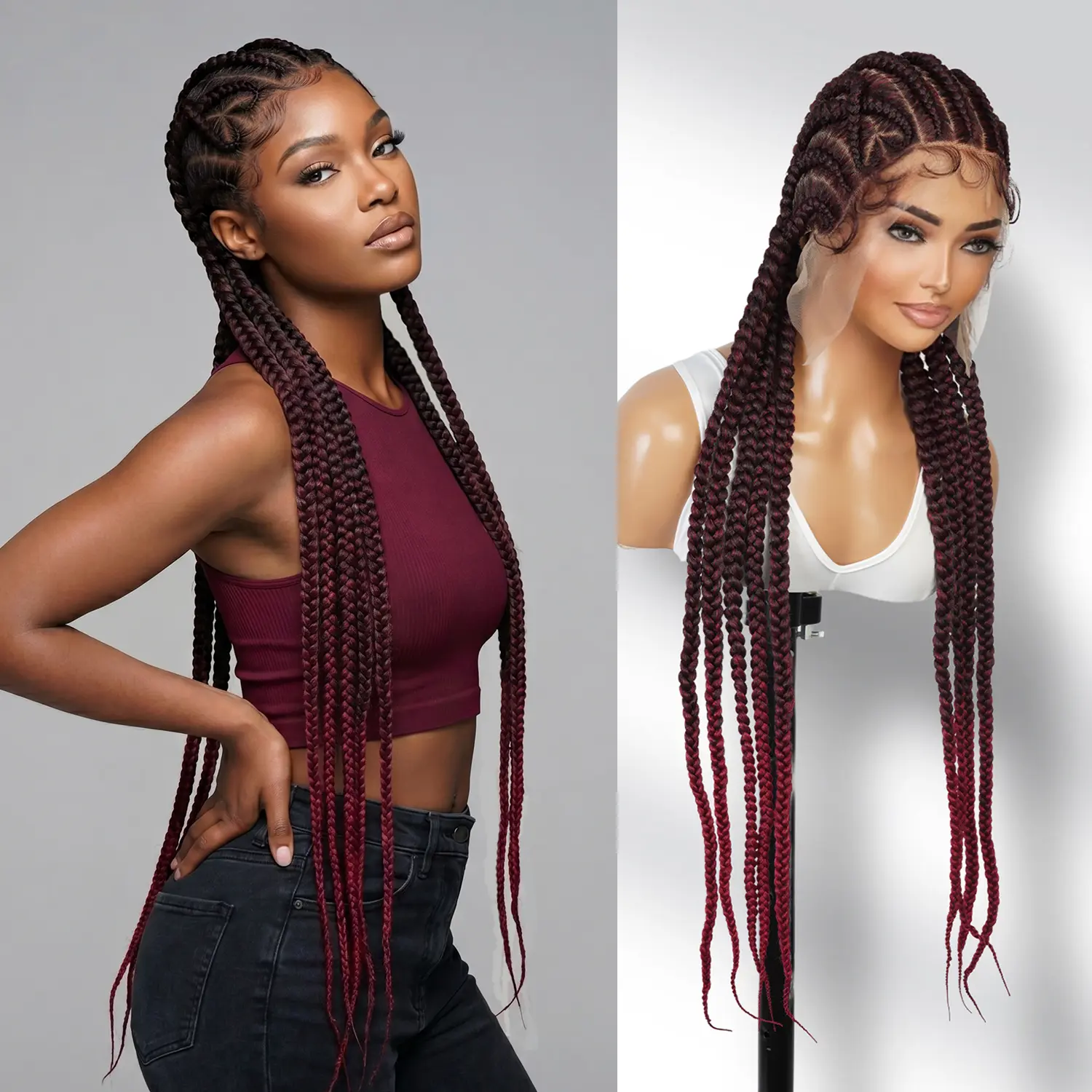 Authentic 36" Jumbo Straight Back Box Braided Wig with Crisscross Heart Design, Glueless Full Lace Feed-In Synthetic Hair, Color 1B/BUG, Braided Hair Wigs, Box Braided Wigs