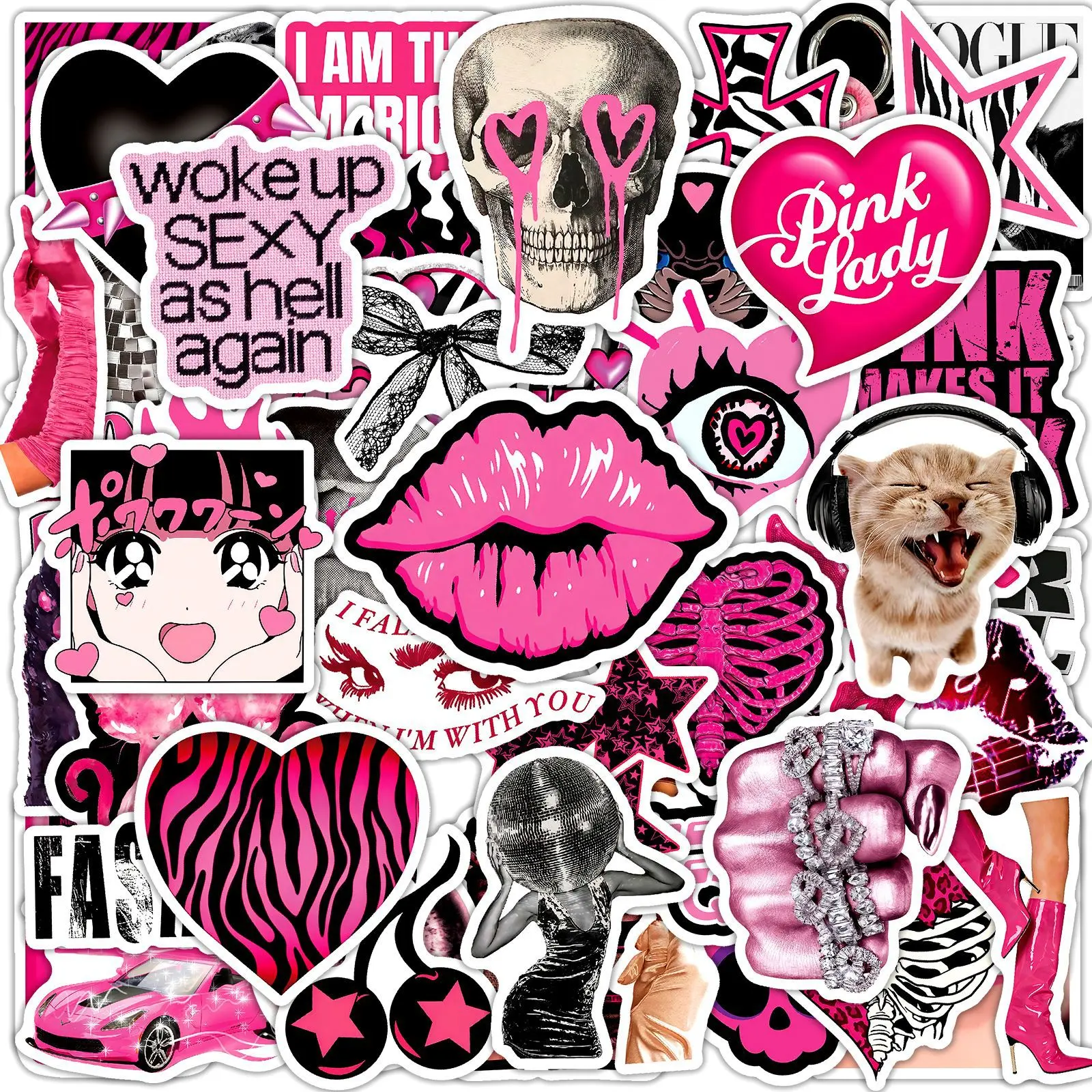 50Pcs Retro Y2K Black & Pink Stickers, DIY Decals. Faith-inspired designs with positive messages, for journals, laptops, water bottles and cars. Ideal for decor and gifts. #Y2KStickers #RetroStickers #FaithStickers #PositiveVibes #DIYDecor #GiftIdeas