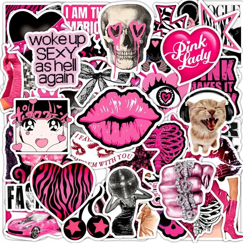 50Pcs Retro Y2K Black & Pink Stickers, Sticker Packs, DIY Decals, Faith-inspired designs with positive messages, for journals, laptops, water bottles. Ideal for decor and gifts #Y2KStickers #RetroStickers #FaithStickers #PositiveVibes #DIYDecor #GiftIdeas