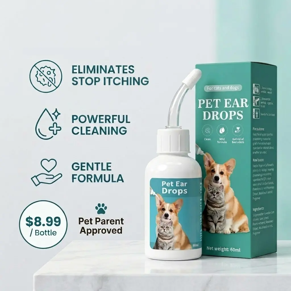 Pet Ear Drops for Dogs & Cats - Ear Infection & Mite Care, Itch & Odor Relief - Gently Removes Ear Wax & Gunk - 2oz Wash with 50 Swabs