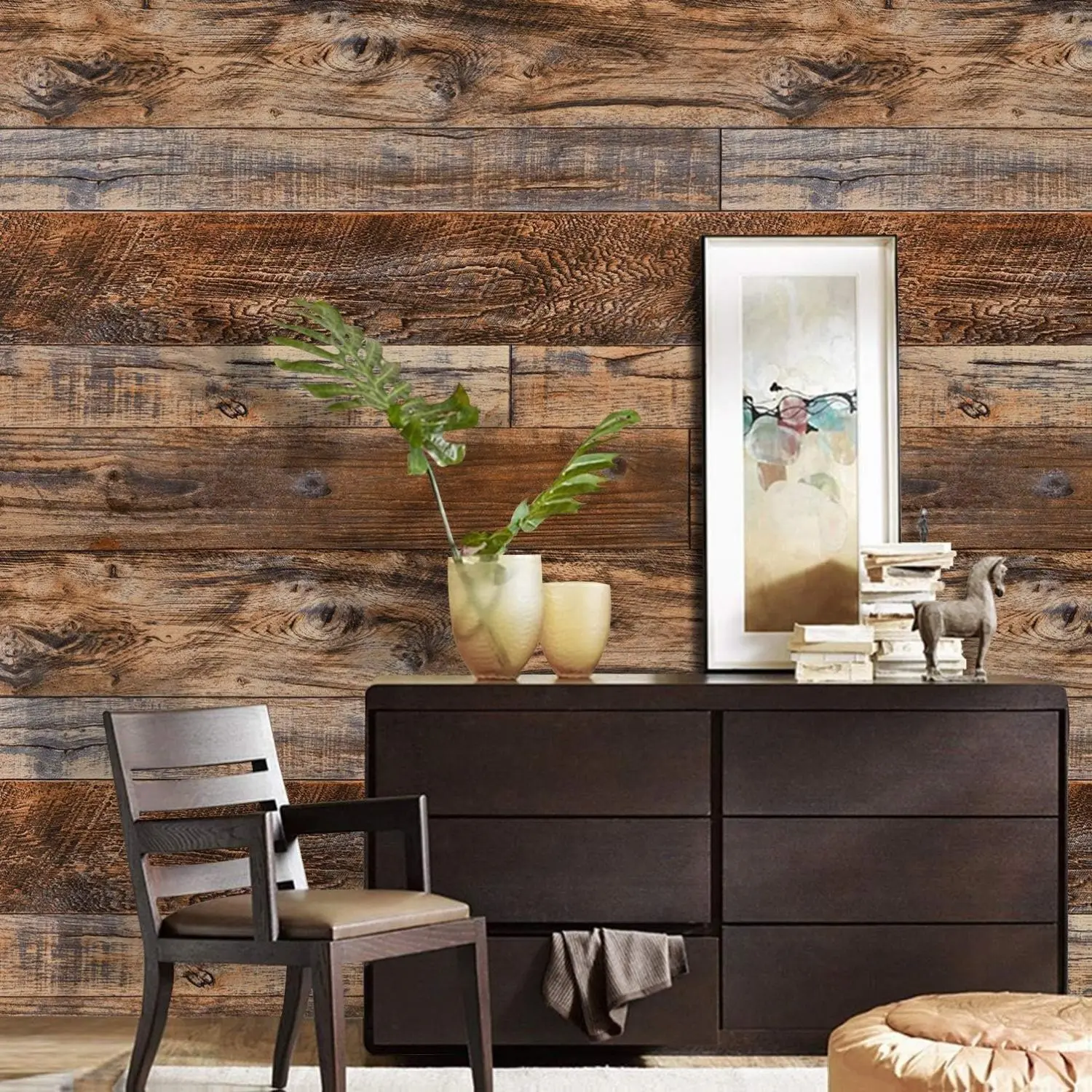 Peel and Stick Wallpaper, Distressed Brown Wood Shiplap Design, Self-Adhesive Waterproof PVC Roll for Shiplap Walls, Bathroom, Table - 17.71in x 118in, Decorative Wallpaper Designs, Peel And Stick Wallpaper Designs, Kitchen