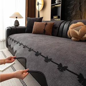 1pc Dark Grey Herringbone Chenille Sofa Cover, Non-slip Anti-cat Scratch Couch Protector, Luxury All-season Sofa Slipcover