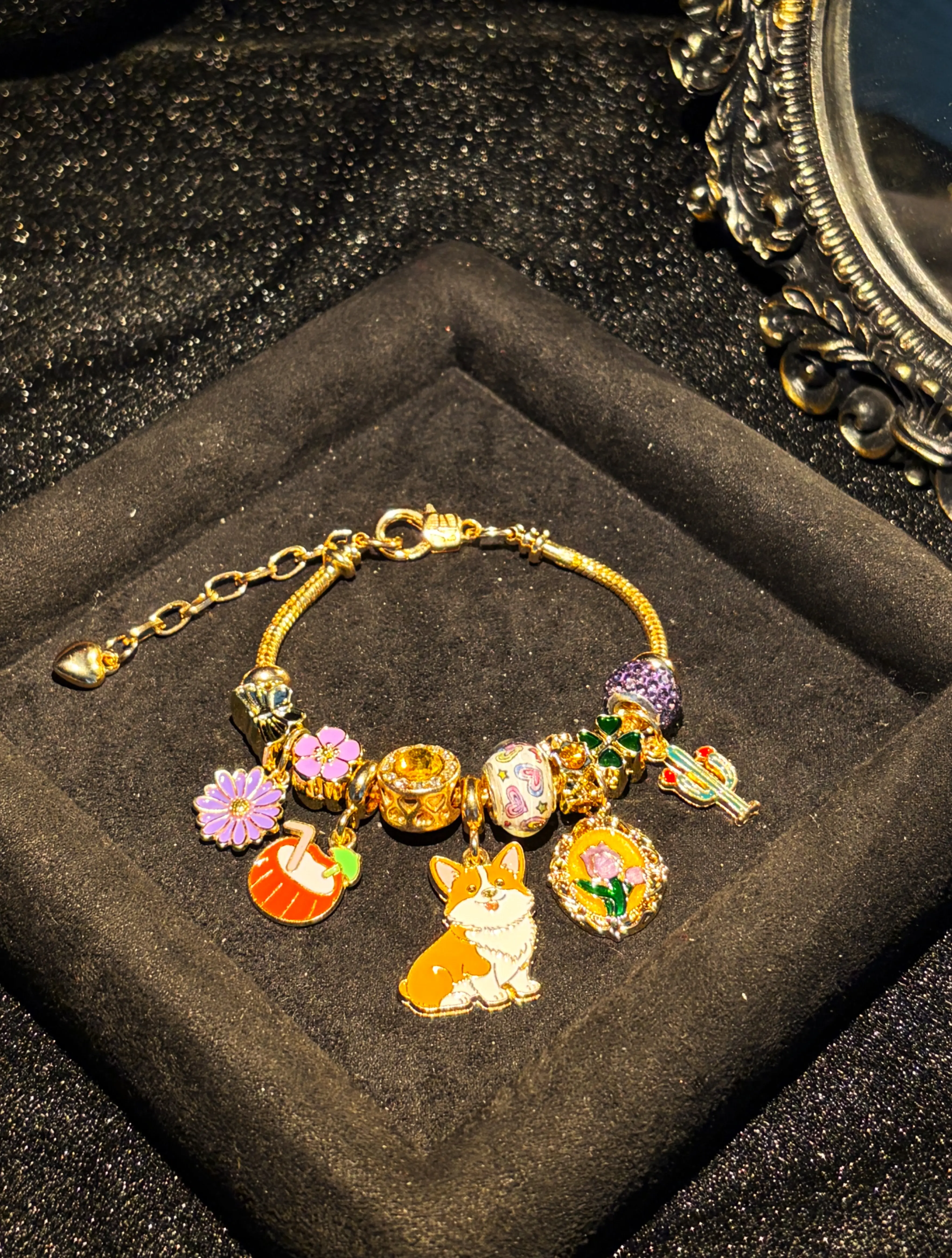 Cute Corgi Dog Charm Bracelet - Multi-Charm Coconut, Flower, Cactus, Car Photo Frame Beaded Bracelet, Stackable Fashion Jewelry Gift for Women