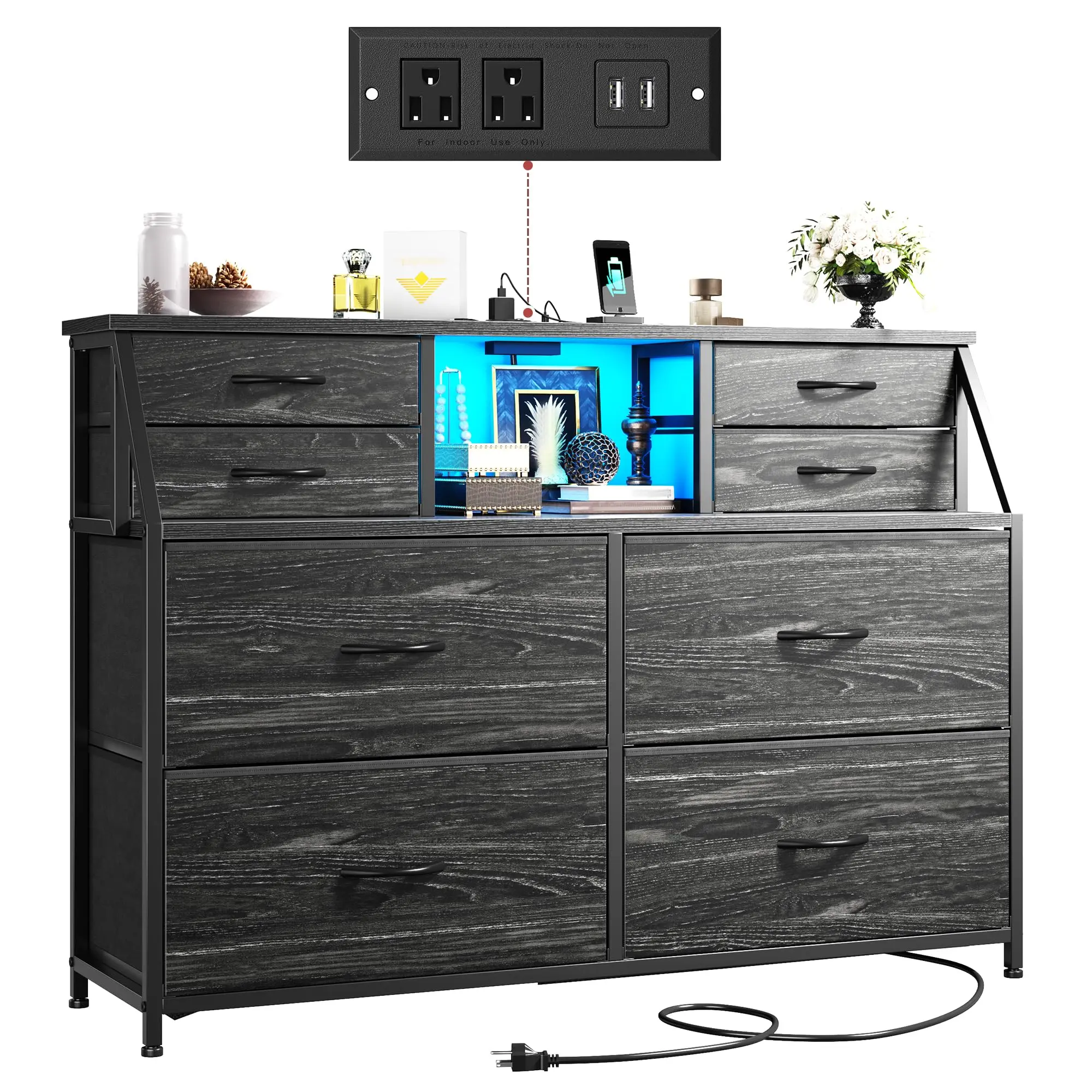 Raybee Furniture 8 Drawer Dresser for Bedroom, with Charging Station and LED, Sturdy Chest of Drawers with 2 Open Shelves, Storage Organizer for Storage,Bedroom, Living Room,Hallway