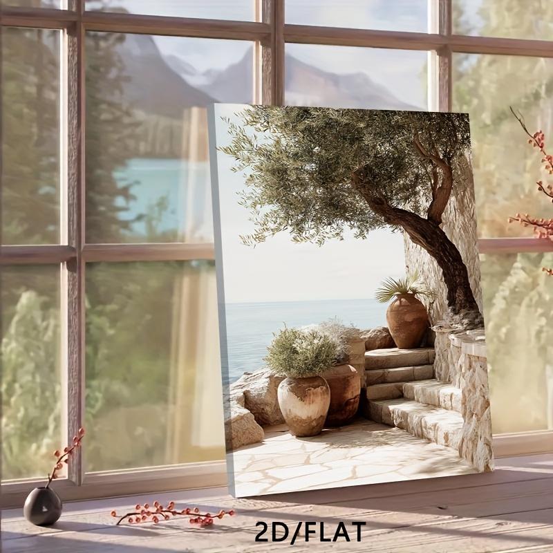 2D Flat Olive Tree Stone Steps Terracotta Pot Mediterranean Wall Art Print, Canvas Wrapped, Hook Type, Rustic Art Deco, Ideal for Living Room, Bedroom, Office, Dining Room, Coffee Shop, Holiday Gift, Outdoor Indoor, Modern Style, Solid Pattern