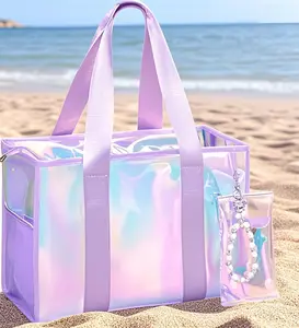 Large Beach Tote Bag for Women 26L Waterproof SandproofBeach Bag With Zipper Pouch, Jacquard Strap lridescentClear Tote Bag for Vacation, Holiday, Travel, Beach,Swimming, Pool, Cruise, Boat Bag