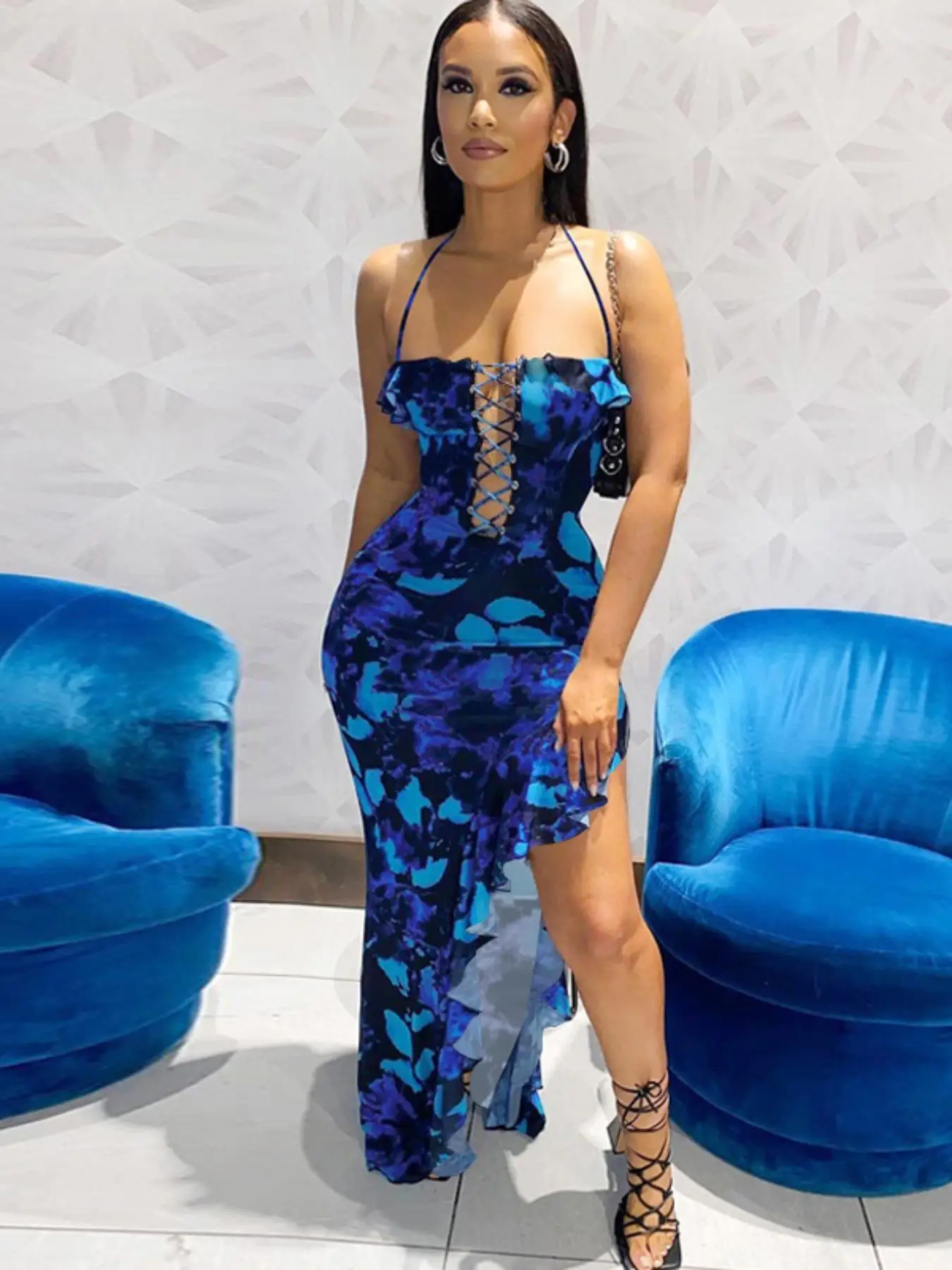 Print Lace Up Backless Split Bodycon Halter Neck Dress Sexy Sleeveless Ruffles Asymmetrical Hem Party Club Vacation Long Dress For Women