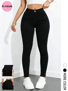 Flvsun Women's Black High-Waisted Skin-Tight Stretch Jeans, Minimalist Basic Solid Lady Trouser, Classic Versatile Casual Slim Bottoms