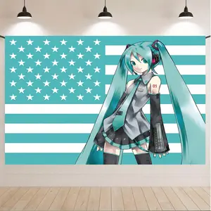 Hatsune Miku Anime Tapestry with Teal USA Flag Background, Otaku Wall Decor for Bedroom Dorm, Polyester Fabric