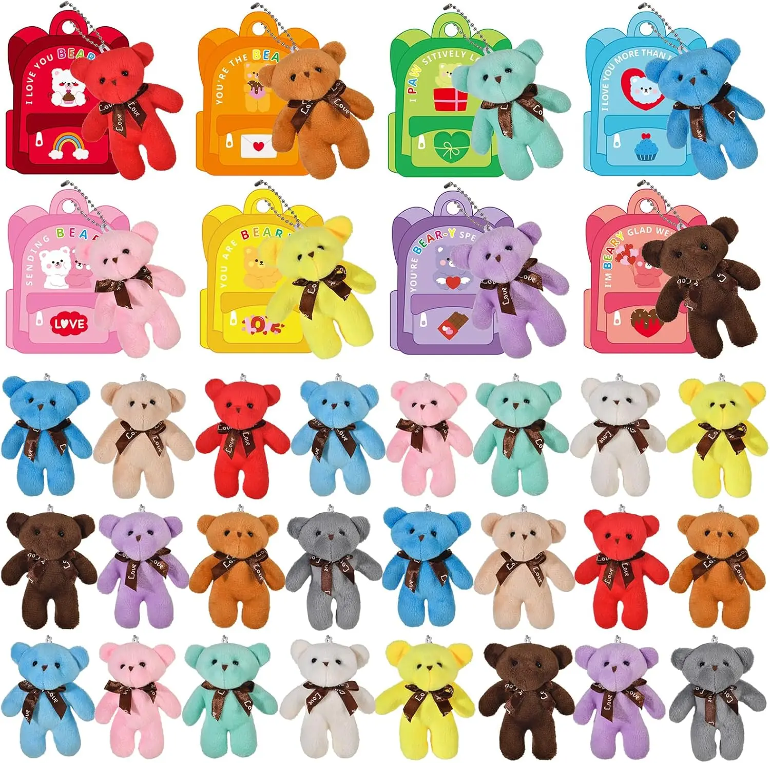 Valentine’s Day Gift Cards for Kids with Plush Bears – 24 Pack Stuffed Animal Toys for Boys & Girls, Classroom School Exchange Party Favor Gifts