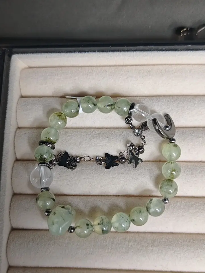 Casha(15735)gc.Prehnite beaded bracelet with black butterfly charms, gun‑metal clasp, fresh forest‑style design.