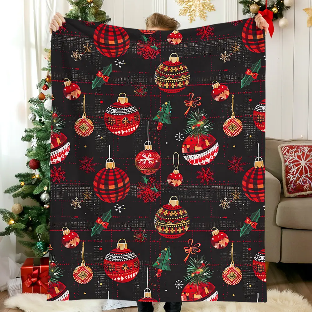 Elegant Christmas Throw Blanket, Black Holiday Ornament Blanket with Christmas Baubles and Holly Pattern, Modern Christmas Decor Blanket for Couch Sofa Bed, Luxury Festive Winter Blanket, Stylish Xmas Home Decoration Gift