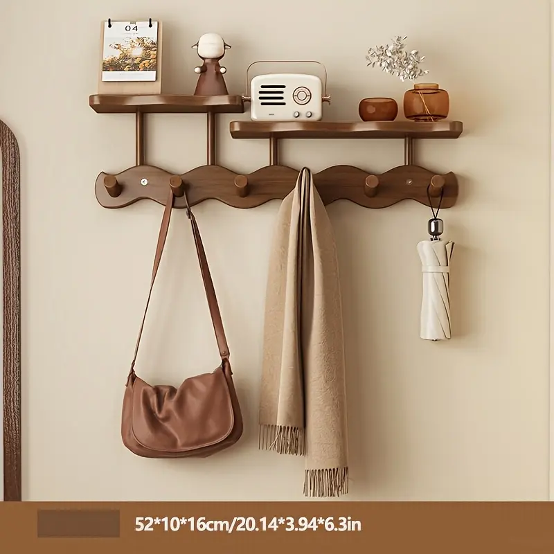 1pc Bamboo Wood Wall Mount Coat Rack with Hooks, Polished Finish, Easy Install, Casual Style, No Drilling Required, Multipurpose Organizer for Bedroom, Living Room, Entryway