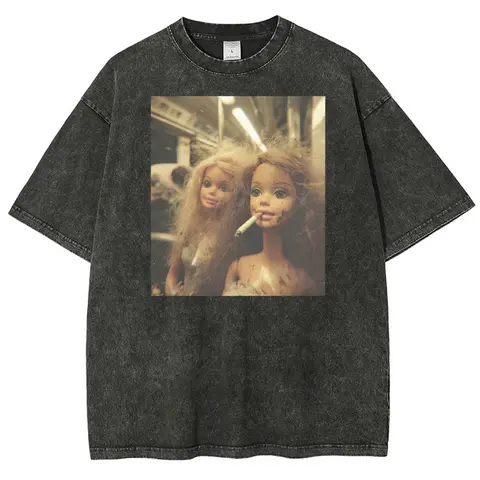 Women's Oversized Vintage Cotton Crew Neck Short-Sleeve Graphic T-Shirt - Distressed Washed Black, Fashion Garment Dyed Girl Doll Funny Meme Design, Ribbed Fabric, Relaxed Fit, All Seasons Casual Breathable Streetwear Top, Hem Detail, Machine Washable
