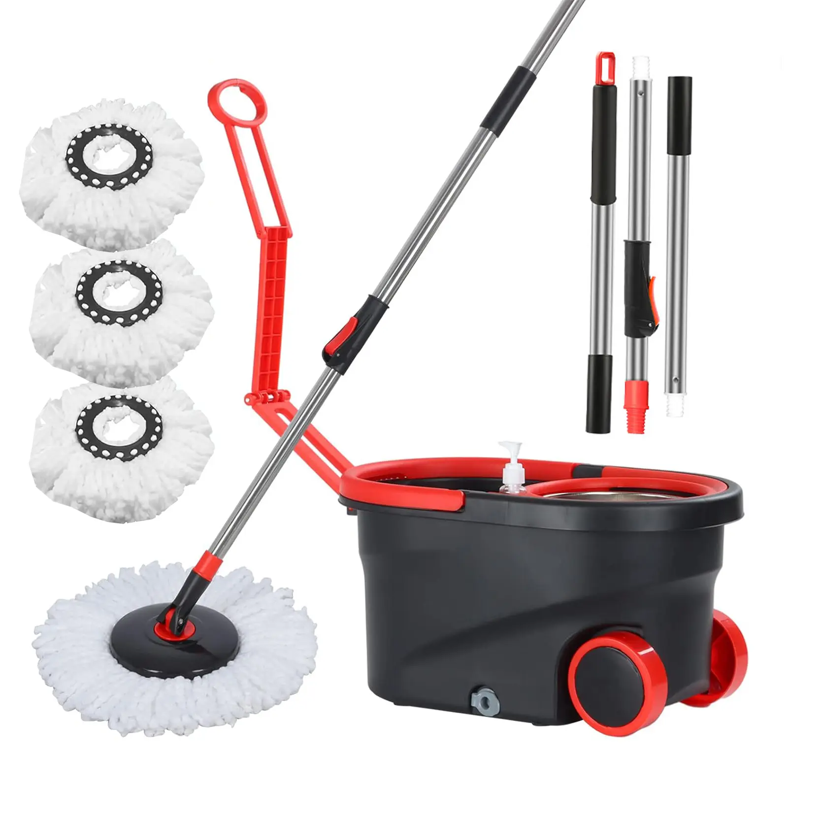 SummerVibes Spin Mop and Bucket Set Wring System 180° Rotation, Movable Wheels for Effortless Cleaning Spin Mop Bucket Set, 60in Stainless Steel Mop Handle, 3pcs of Microfiber Replacement Heads Spin Mop Refill