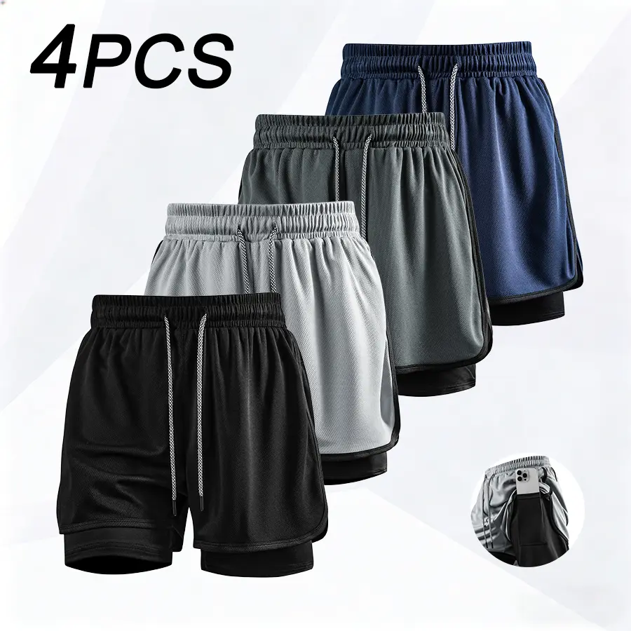 Men's 4-Pack 2-in-1 Casual Athletic Shorts, Lightweight Quick-Dry Polyester with Drawstring for Running and Gym, Casual Sports, Colorblock, Polyester Synthetic, Breathable, 4 Way Men's Shorts, Active, Tiered Layer, Xl