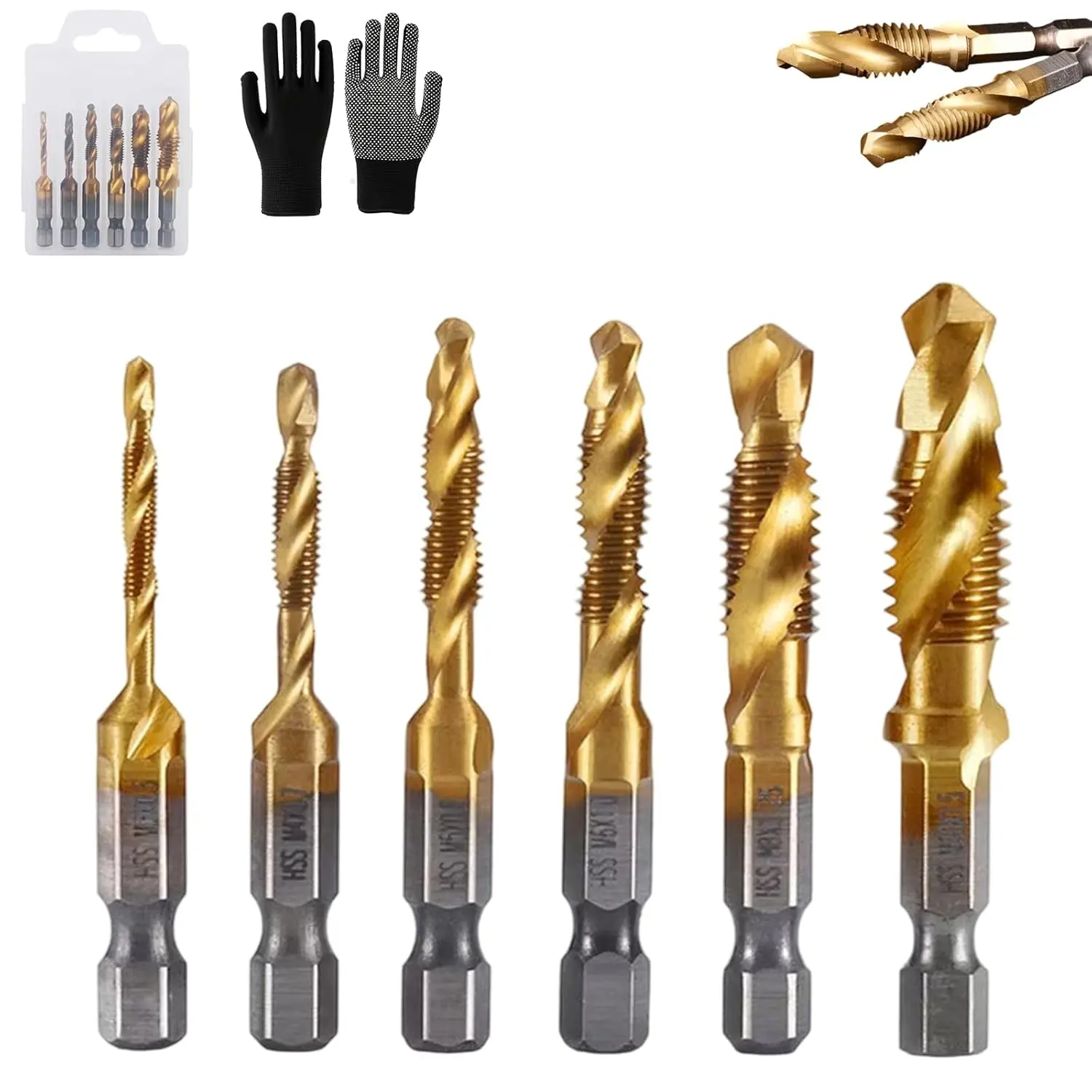 GJANSH 3 in 1 Spiral Tap Hex Shank Drill Bit Set, 6Pcs Cobalt HSS Drill Tap Bits Set, M3/M4/M5/M6/M8/M10 Drill Bits High Speed Steel, Professional Drill Accessories for Woodworking (Short-Gold)
