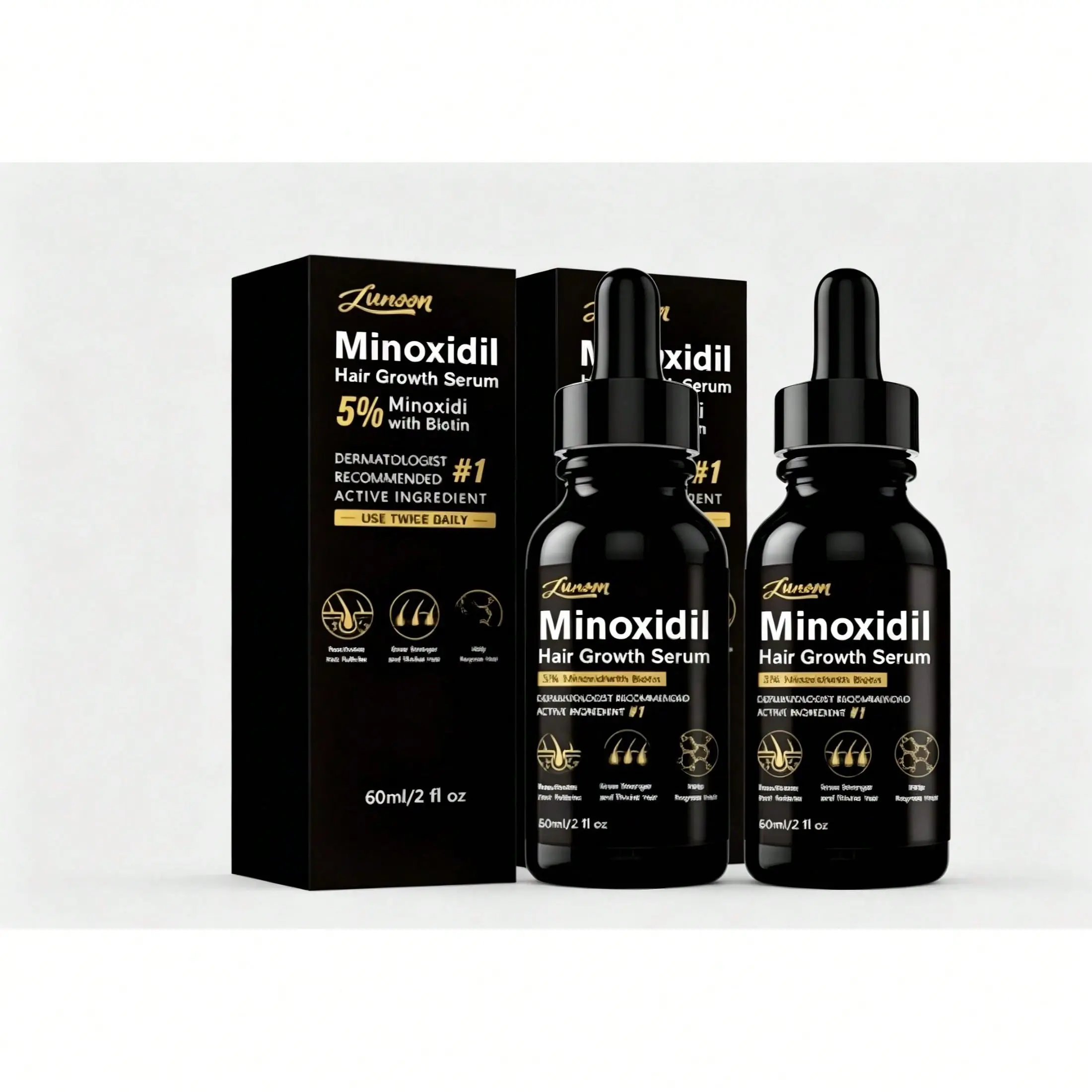2 Pack 5% Minoxidil Serum with Biotin & Niacinamide, Scalp-Nourishing Dropper Treatment, Lightweight Strengthening Essence for Fuller, Thicker Locks, 60ml×2 Daily Care