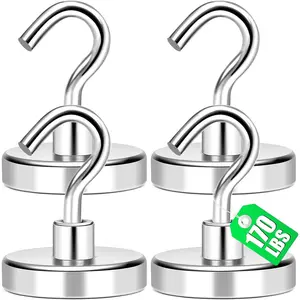 Magnetic Hooks Heavy Duty, 170Lbs+ Super Strong Magnet Hooks for Cruise Essentials, Neodymium Earth Magnets with Hook for Hanging, Magnetic Hanger for Fridge, Toolbox, Storage - 4 Pack
