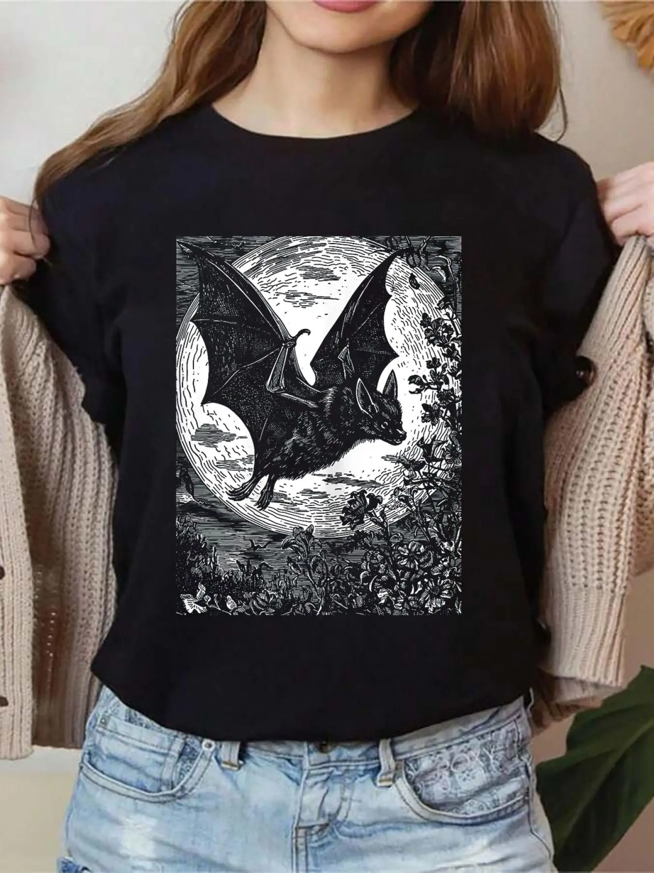 100% cotton Medieval Bat   Gothic Pastel Goth Witch Dark Academia T-Shirt Print Crew Neck Casual T-shirt short Sleeve Sports Top, Smart Casual/street Style Women's Clothing