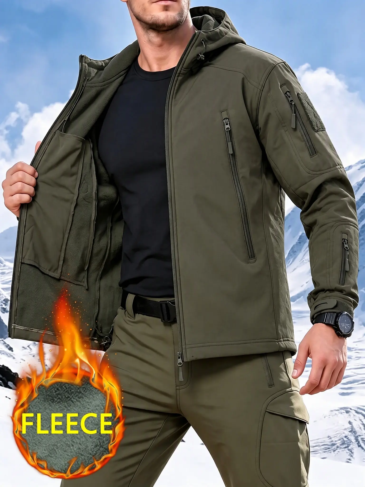 Men’s solid-color tactical jacket for autumn/winter, fleece lining, hooded, multiple pockets, softshell, windproof and waterproof, outdoor hunting/hiking/workwear