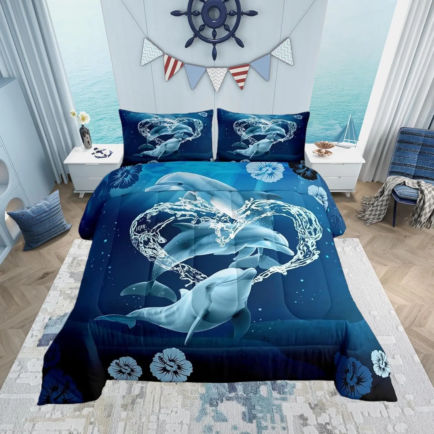 3D Dolphin Comforter Set,Moonlight at Night Bedding Set for Adults,Sea Animals Comforter Luxury Dolphin Jumping Quilt Set Room Decor