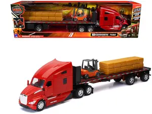 Kenworth T680 Truck Red and Flatbed Trailer with Forklift and Hay Load "Long Haul Trucker" Series 1/32 Die Cast Model by New Ray
