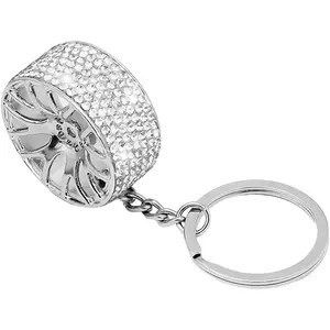 Bling Car Wheel Rim Keychain, Crystal Rhinestone Vehicle Tire Shape Keyring, Diamond Key Fob Holder, Universal Fit (White)