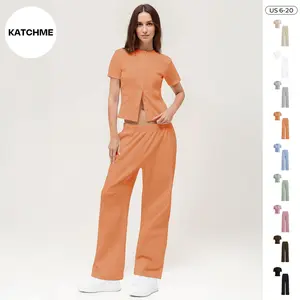 KatchMe Women's Leisure Solid Color Button Short Sleeve Slim Top & Wide Leg Trousers Co-ord, Minimalist Two Piece Outfits, Comfortable Womenswear