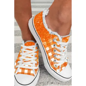 Orange Checkered Flat Canvas Shoes - Casual Closed Boy Sneaker Training Running Trainer Footwear Athletic Runner with Metal Eyelets & Lace-Up Closure Classic
