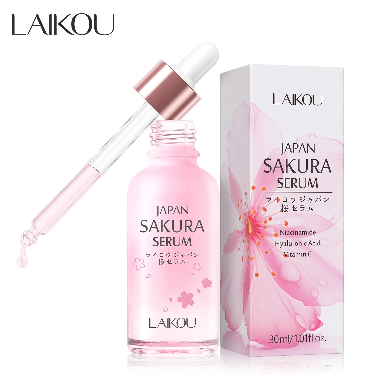 LAIKOU Japan Sakura Serum 30ml , Day & Night Use with Sakura Extract, Niacinamide & Hyaluronic Acid, Lightweight Fast Absorbing for Hydrated Glowing Skin