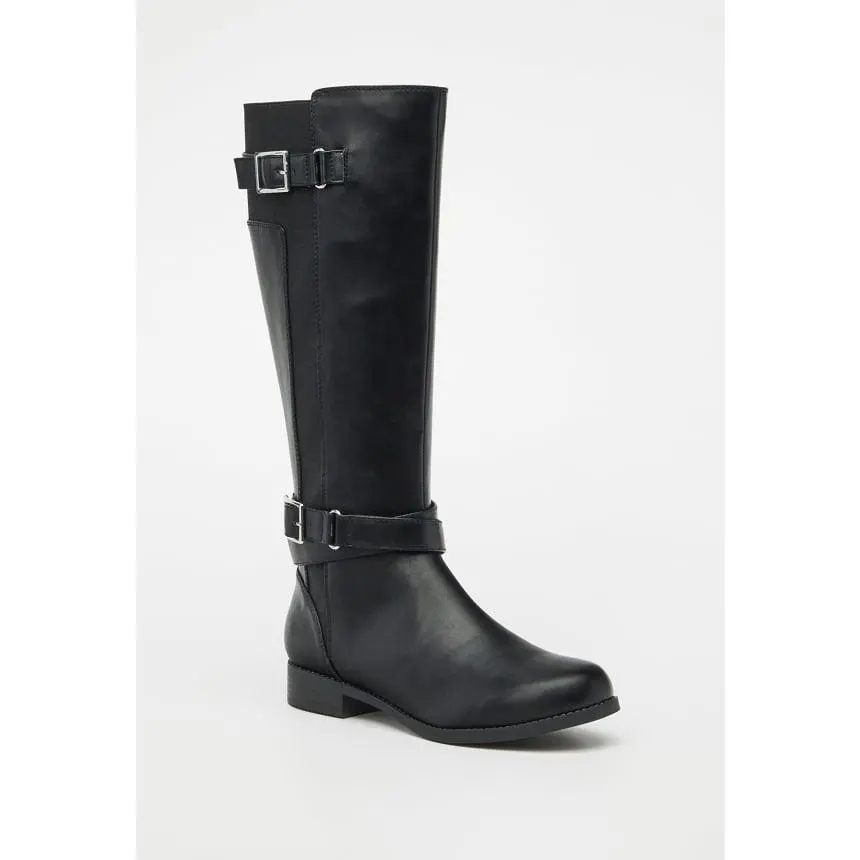 JUSTFAB Women's Classic Eco Leather Wide Calf Knee-High Riding Boots - Side Zip, Low Heel (1-3 cm), Comfortable Heels, Shock-Absorb PU, Footwear for Western Outfits