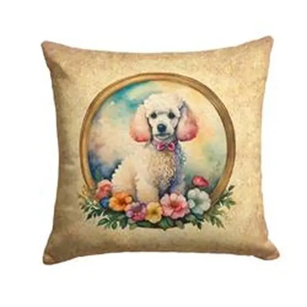 18 x 18 in. Unisex White Poodle & Flowers Fabric Decorative Pillow