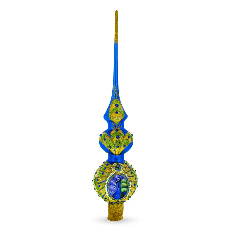 Peacock Double Ball Mouth Blown Glass Christmas Tree Topper 16 Inches