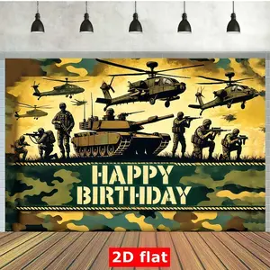 2D flat 1pc, military themed birthday banner, polyester photography background cloth, birthday banner flag supplies, cake table studio party decoration and portrait photo shoot