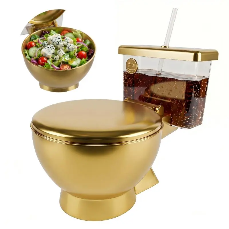 2-in-1 Salad Bowl, Funny Toilet Shape with Detachable Drink Compartment, Emoji Salad Bowl for Prank Toy, Special Toy – Drink Compartment + Stainless Steel Noodle Bowl, Creative Gift Idea for Ramen Lovers – Back to School Gift