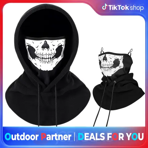 Unisex 3-in-1 Convertible Ski Mask Adults Balaclava - Skull Print Thermal Fleece Face Mask with 60-62cm Adjustable Windproof Hood, Half Ear Loops, Adjustable Drawstring Seal, Breathable Snug Fit for Cold Weather Camping & Outdoor Sports