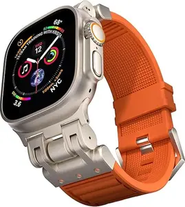 Rugged Titanium Color Metal Connectors Band Designed for iWatch Ultra Ultra2 49mm Series 9/8/SE2/7/6/SE/5/4/3/2/1 45mm/44mm/42mm Silicone Correa Para For Men