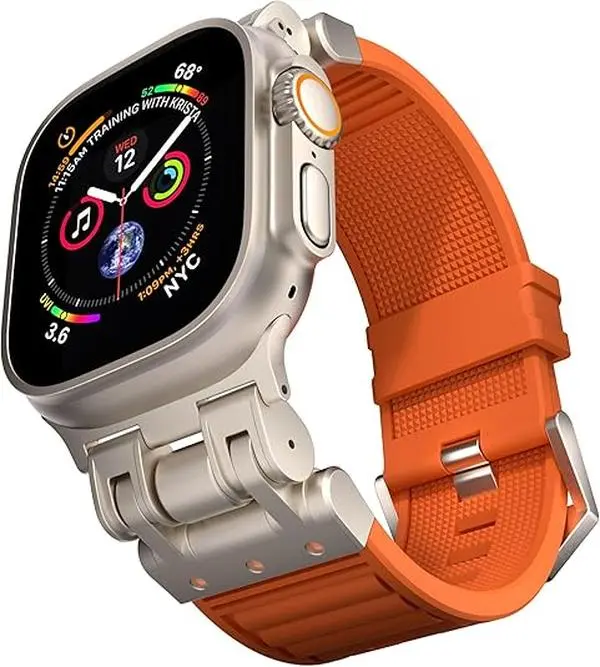 Rugged Titanium Color Metal Connectors Band Designed for iWatch Ultra Ultra2 49mm Series 9/8/SE2/7/6/SE/5/4/3/2/1 45mm/44mm/42mm Silicone Correa Para For Men, Accessories, Wearable, Multi-Sizes Fit, Durable, Skin-Friendly, Orange 42/44/45/46/49Mm, None