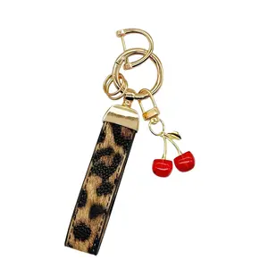 Leather Keychain Wristlet Cherry Charms Car Keychain for Women Bag Purse Charms Key Fob Holder with Keyrings Gifts