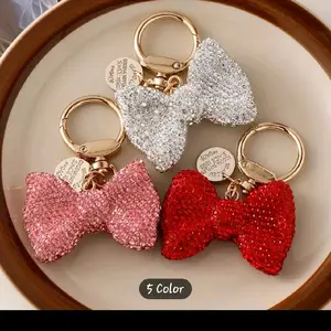 Rhinestone Bow Keychain Car Ornament - Metal Keychain with Rhinestone Detail, Spring Ring Attachment, Women's Bag Decoration