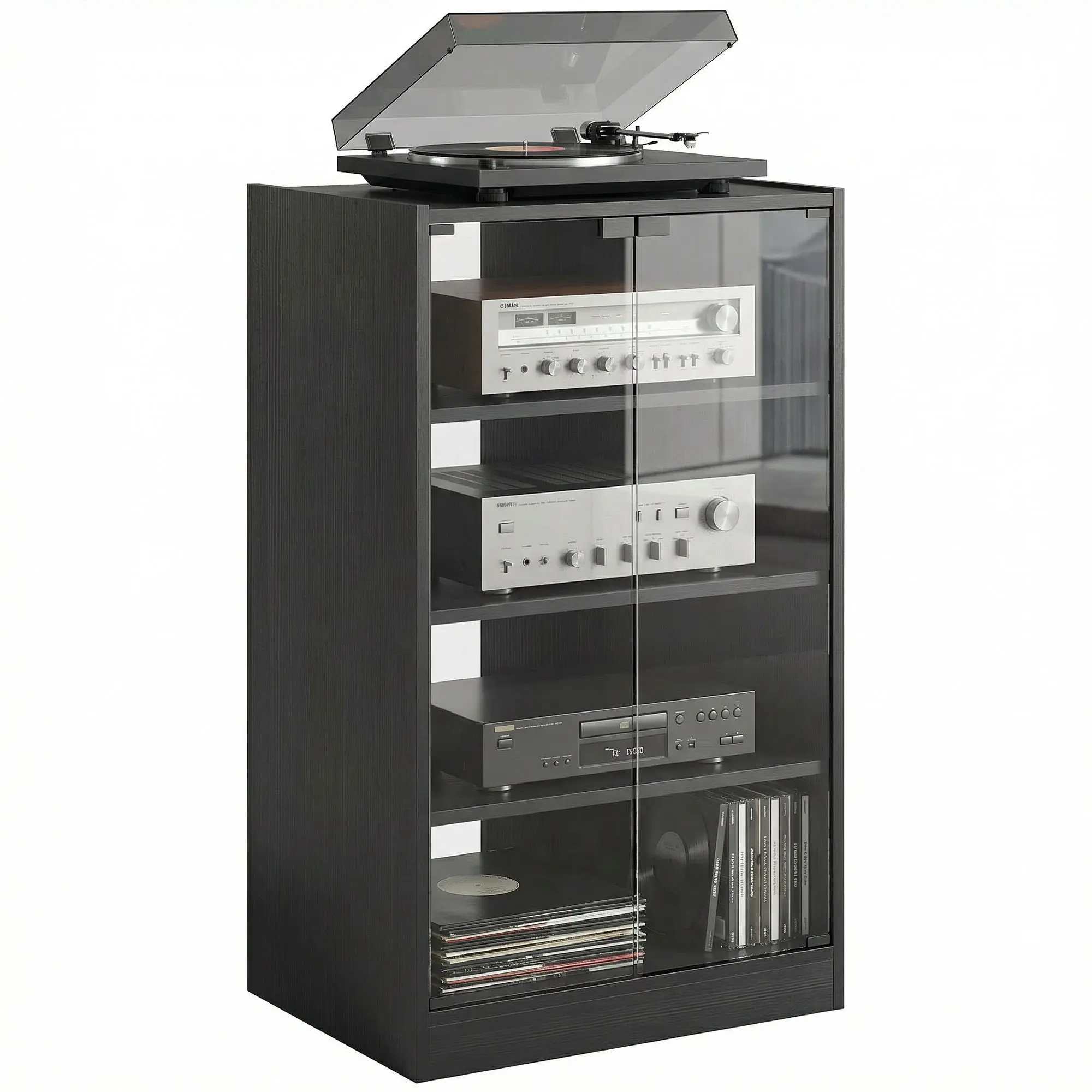 Media Cabinet, 4-Tier Stereo Cabinet for Vinyl Record Player, Gaming Console, AV Record Player Stand with Adjustable Shelves, Push-to-Open Glass Doors and Cable Management, Distressed Black